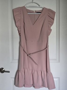Tommy Hilfiger Women's Flutter-Sleeve Twill Belted Dress Pale Pink